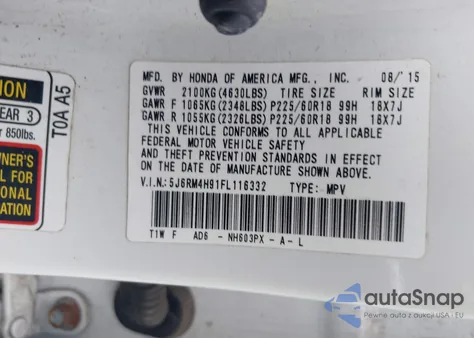 2015 Honda Cr-V Touring из США, поврежденный, VIN 5J6RM4H91FL116332